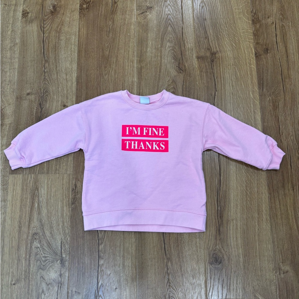 Zara I'm Fine Thanks Graphic Crew Neck Fleece Lined Pullover Sweatshirt Pink